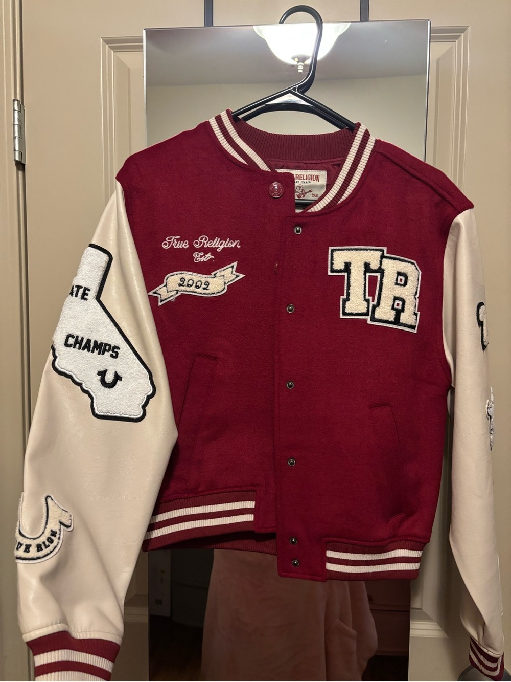 True Religion Burgundy and White Varsity Bomber Jacket